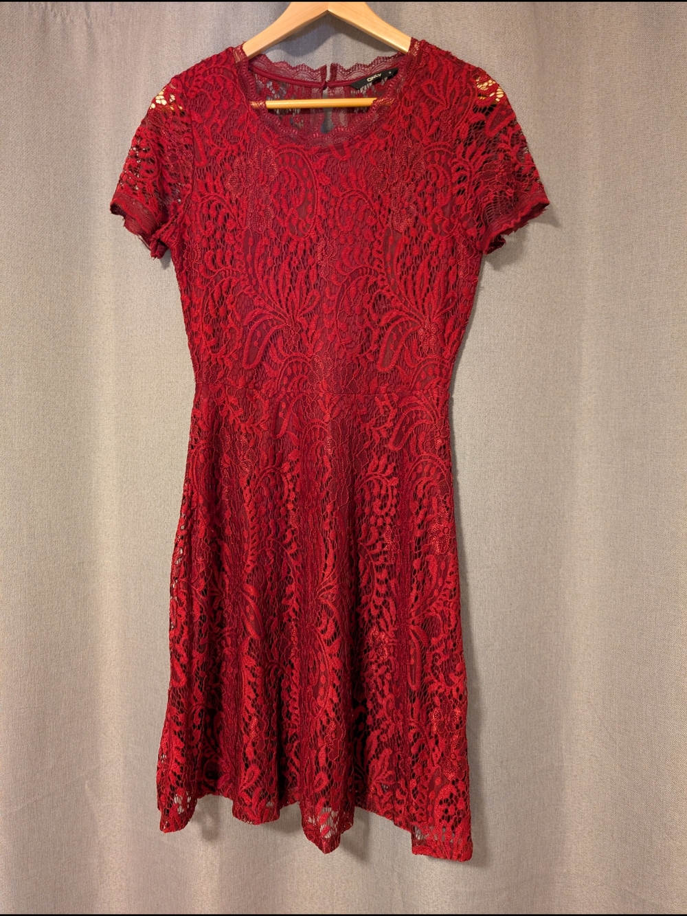 Only Deep Red Lace Short-Sleeve Skater Dress